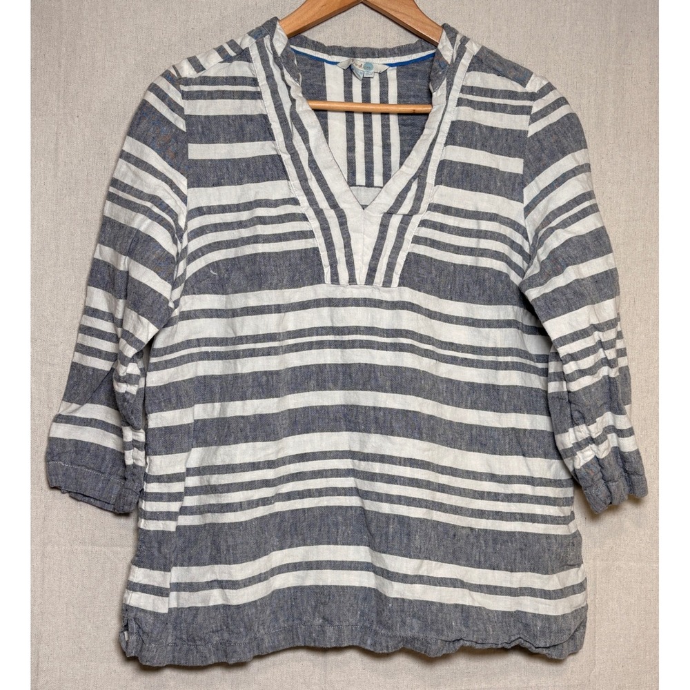 Boden Womens Blue White Striped 100% Linen Tunic Top V-Neck 3/4 Sleeve Size US 8